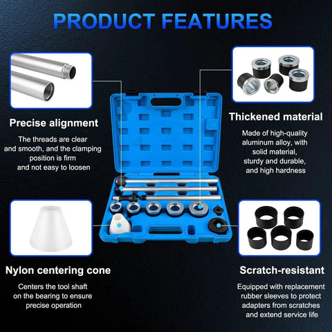 Universal Cam Bearing Installation And Removal Tool Kit with adapters and sleeves in open blue case, features displayed around it.