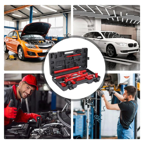 10 Ton Hydraulic Porta Power Kit With Wheeled Case Ram Pump Hose For Automotive in use during car repairs