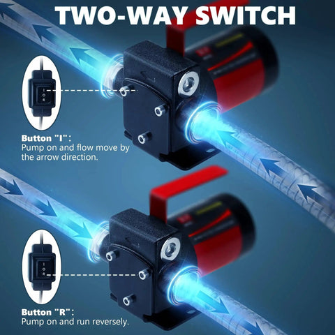 Image showing the two-way switch feature of the 12V DC Gasoline Fuel Transfer Pump Kit With Self Priming And Reversible Pumping For Gasoline Diesel Mineral Oil And Kerosene Includes Hoses Connectors Filter Nozzle PTFE Tape Overheat Protection Explosion Proof Safe And Easy Diy Install.