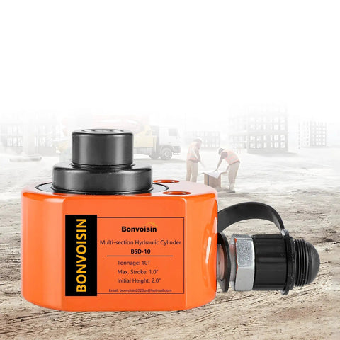 Front view of 10 Ton Portable Low Profile Hydraulic Cylinder Jack Multi Section 1 Inch Stroke, compact and orange.