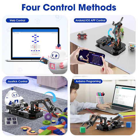 Toy 4DOF robotic arm kit with web, Android/iOS app, joystick, and Arduino control; ESP32/Arduino IDE compatible