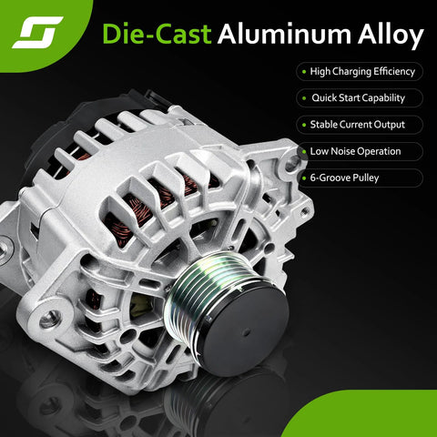 Beefed-Up Replacement Alternator For 2.5L L4 Altima Sentra Rogue 2007-2015 Fits 11258N, die-cast aluminum, 6-groove pulley