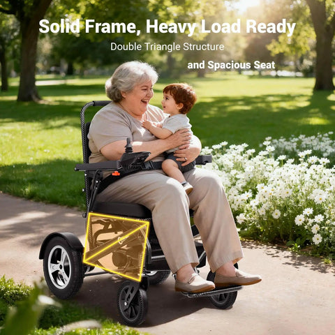 Front view of foldable electric wheelchair for adults with carbon-fiber frame.