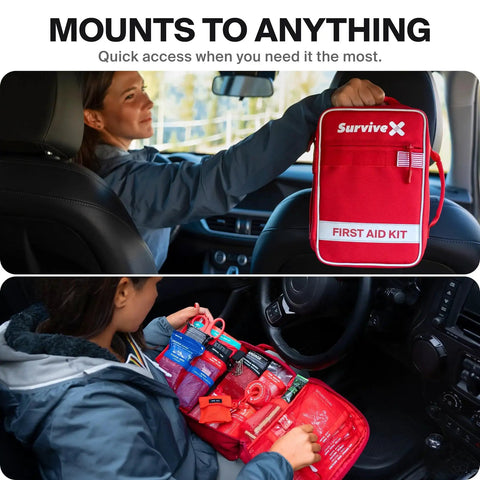Person accessing Large First Aid Kit For Car Travel And Home With Zip Stitch Wound Closure Strips Emergency Kit in vehicle.