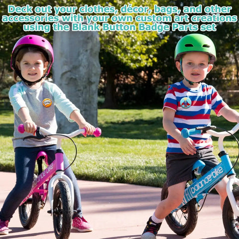 Kids on balance bikes wearing badges made with Dope 400 Piece Button Maker Supplies Kit For 58mm Round Badges