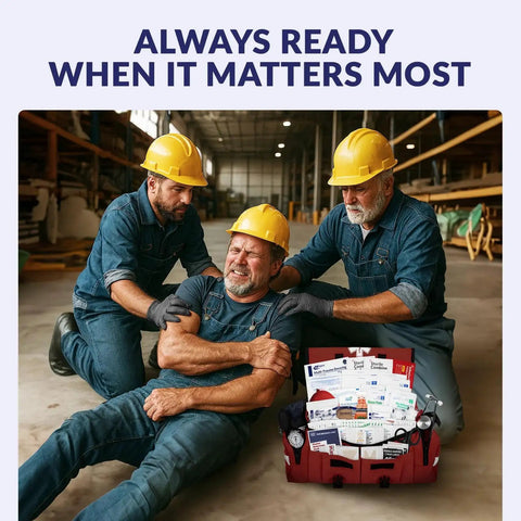 Workers assist injured colleague with Complete 415 Piece Emergency Response First Aid Kit Trauma Bag For Disaster Preparedness.