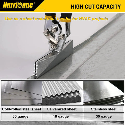 6 Inch Straight Jaw Sheet Metal Hand Seamer for Flattening and Bending Ducts, Precision Quarter Inch Increments, Double Dipped Cushion Handle, Non Slip Grip for HVAC Pros, Ductwork Pliers for Seam Strength and Versatility Hurricane in use on metal sheet, highlighting high cut capacity and materials like cold-rolled steel and galvanized sheet.
