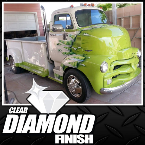 DiamondFinish Watercolor Clear Coat 1 Quart Scratch Resistant Single Part applied on green restored vintage truck.