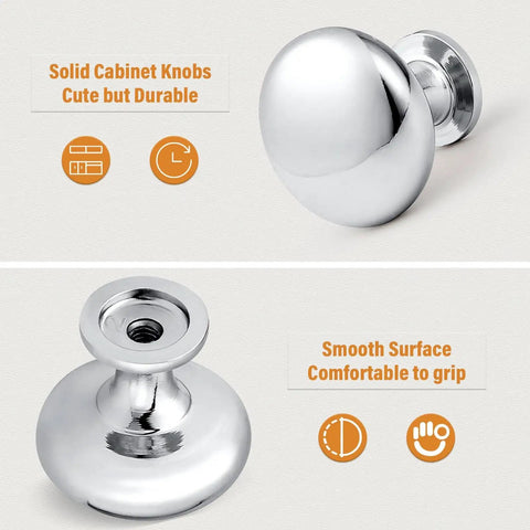 Polished Chrome Cabinet Knobs 5 Pack Round Furniture Knobs 1-3/16 Inch Diameter solid metal with smooth, comfortable grip surface