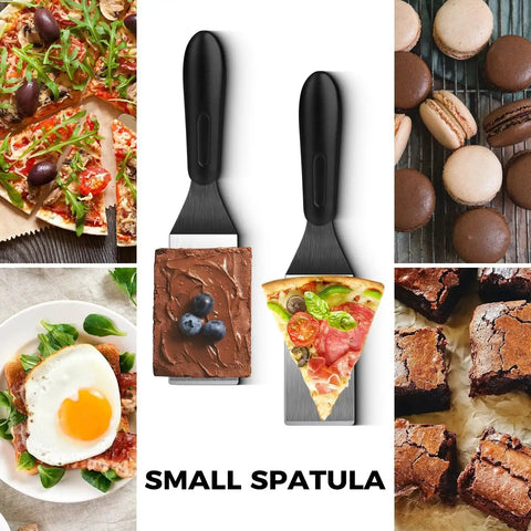 Set Of Four Mini Metal Spatulas For Kitchen Use Including Slotted And Solid Spatulas Handy For Serving Desserts and Pizzas