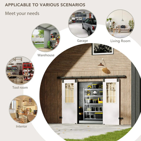 Exterior Barn Door Hardware Kit With Door 96 By 84 Inches K Frame 16 Foot Heavy Duty Black Sliding Track System installed on a garage.
