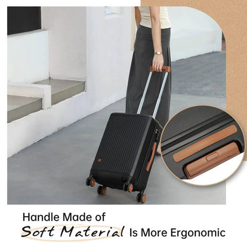 Person using Carry On Luggage With Spinner Wheels That Fits 22 By 14 By 9 Inches, Airline Approved Hard Shell Carry On With TSA Lock, Small Hardside Suitcase For Travel, 20 Inch Black From Hulsin on a city sidewalk with ergonomic handle close-up.