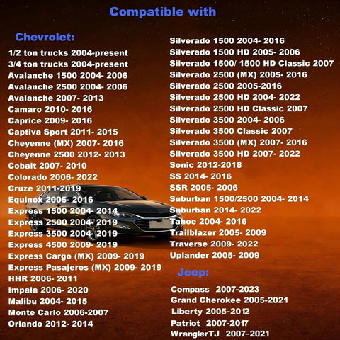 List of Chevrolet and Jeep models compatible with the Third Gen Fuel Tank Lock Ring Tool For Fuel Pump Senders Removal And Install