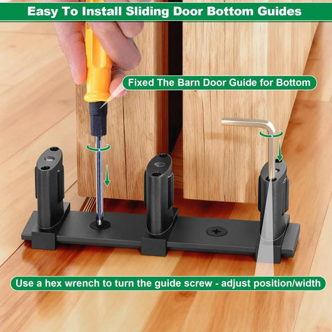 Installation of Three Roller Adjustable Floor Guide Kit For Double Bypass Sliding Doors Black Floor Mount Guides. Using hex wrench.