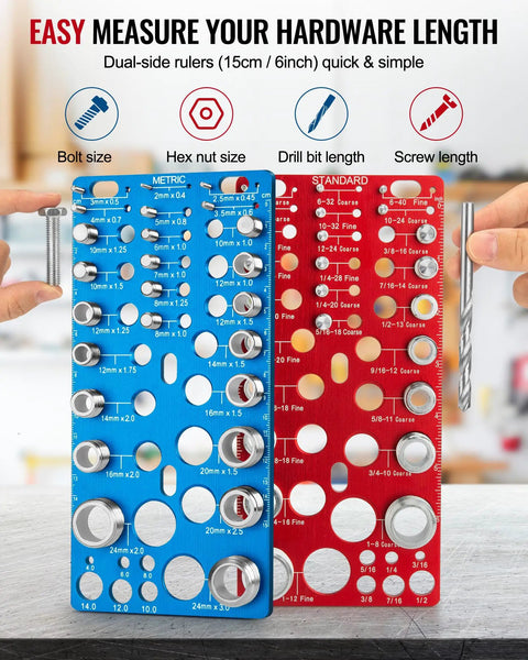 All In One Nut And Bolt Thread Checker Kit With 62 Pieces, 25 Standard And 25 Metric Thread Gauges, 12 Drill Bit Gauges, Wall Mount Bolt Size Finder For Fasteners And Drill Bits, measuring gauges in blue and red.