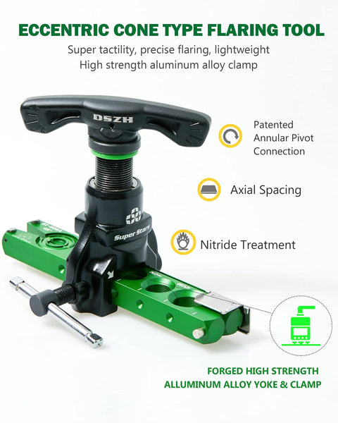 Close-up of All In One HVAC Flare Tool Kit For Copper Tubes One Quarter To Three Quarters Inch 5 In 1 Kit with aluminum clamp