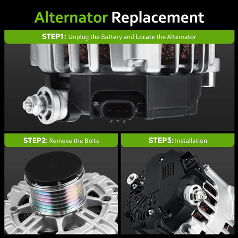 Beefed-Up Replacement Alternator For 2.5L L4 Altima Sentra Rogue 2007-2015 with installation steps.