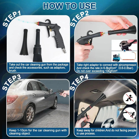 Guide for using Tornado Car Cleaning Gun With Aluminum Alloy Bearing Nozzle And Two Attachments for dry detailing with air compressor.
