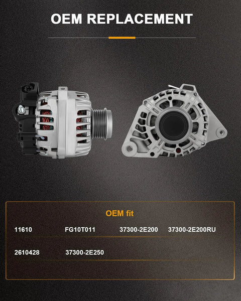 Premium Auto Alternator Replacement For Hyundai Elantra 2011-2017 And Elantra Coupe 2013-2014 And Elantra GT 2013-2017 Plus Kia Forte 2014-2016 And Soul 2012-2013, High Output 12V Car Electrical System Upgrade, OEM part front and side view