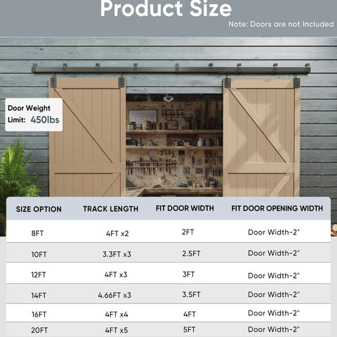 12 Ft Box Rail Exterior Barn Door Hardware Kit For Two Doors Built Tough Heavy Duty Sliding Track System Wall Mount Kit Doors Not Included Supports Up To 450 Lbs Fits One And Three Eighths Inch To One And Three Quarters Inch Thick Panels Black installed on wall with size chart