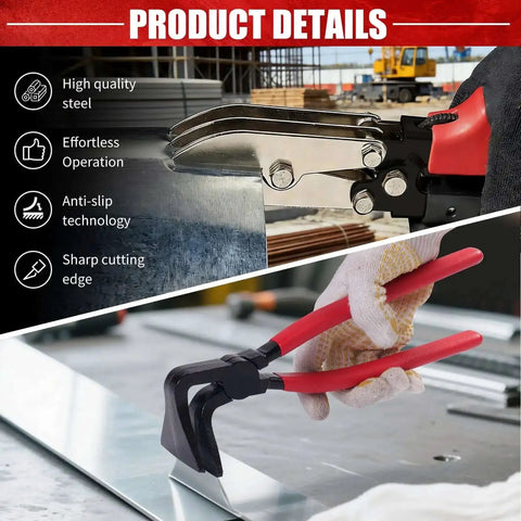 Sheet Metal Tools Set For DIY And Home Projects with 10.5-inch five-blade crimper and hand seamers in use on metal sheet.