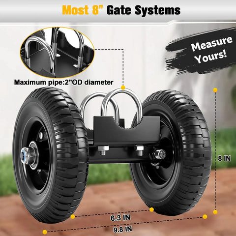 Heavy Duty 8 Inch Gate Wheel For Rolling Gates with steel brackets and rubber tread shown on lawn