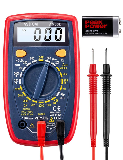 Digital Multimeter 2000 With Backlit LCD Display For Voltage Current Resistance Diode And Continuity Testing Measures AC And DC For Home And Auto Use Blue, front view with test leads and battery.