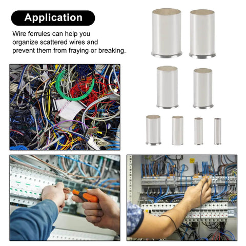 Ultimate Wire Ferrule Kit For Home, Auto, And Electronics in use, showing organized wiring with silver plated copper crimp terminals.