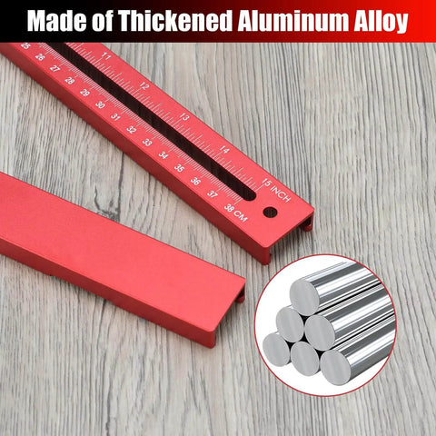 Close-up of the 4 In 1 Router Milling Groove Bracket For Woodworking With Aluminum Alloy Circle Cutting Jig showing a red ruler and alloy material inset.