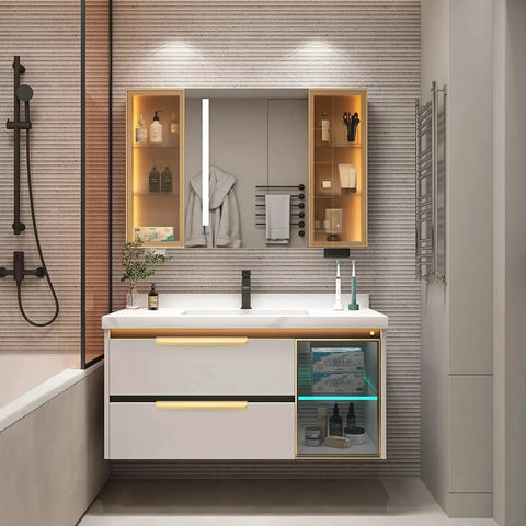 Modern bathroom with wall-mounted vanity featuring 10 Pack 5 Inch Matte Gold Finger Pulls For Cabinets And Drawers Brushed Brass Edge Hardware.