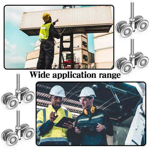 Set Of Four Wheel Trolley Assemblies For Heavy Duty Barn And Shed Sliding Doors used in industrial settings and on heavy container rail systems.