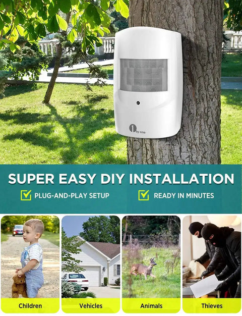 Wireless Driveway Alarm System With 1000ft Range, Motion Sensor Security Kit For Indoor Outdoor Use, shown installed on a tree