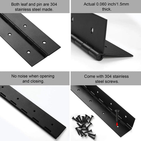 Heavy Duty 16 Inch Piano Hinge, 3 Inch Wide, 0.060 Inch Thick Stainless Steel 304 Black with screws shown