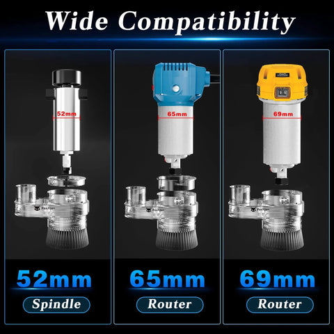 3-In-1 Dust Shoe For CNC Router, Fits 52Mm, 65Mm And 69Mm Spindles, Hose Diameter 38Mm, Transparent ABS Material, displayed in use