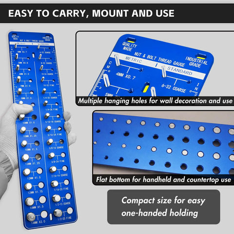 Thread Size Checker For Nuts And Bolts Nut And Bolt Thread Gauge For Measuring Threads Precise Thread Checker Tool With Red And Blue Color Indicator Easy Size Verification, showing blue gauge with holes for measuring.