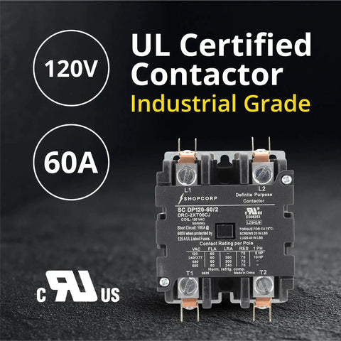 AC Contactor 60 Amp 2 Pole 120V Coil Definite Purpose UL Listed for HVAC Refrigeration and Heat Pumps front view