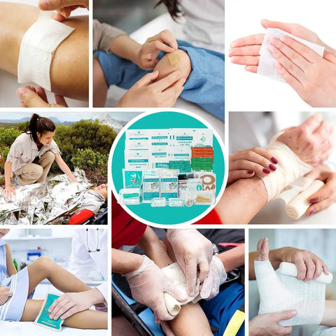 Collage of using 160 Piece First Aid Kit Refill Set For Home, Travel, And Work With Instant Cold Pack and bandages