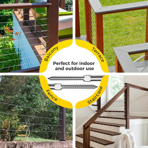 Marine Grade T316 Stainless Steel Cable Railing Hardware Kit For Wood Posts With Right And Left Handed Thread Swage Lag Screws For DIY Deck Cable Railing System Wrench Included 60 Pack 30 Pairs used in terrace, balcony, staircase, fence applications.