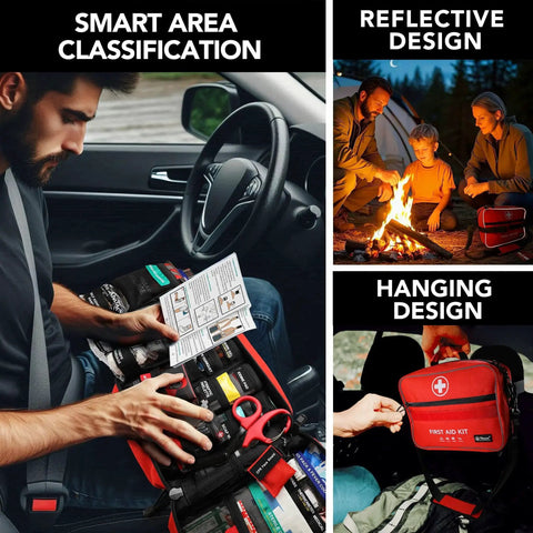 Collage showing 430 Piece First Aid Kit With Easy Access, Well Organized Labeled Pockets And Dedicated Bandage Area For Quick Access, Waterproof Premium Trauma Medical Kit in use in car and camping scenarios.