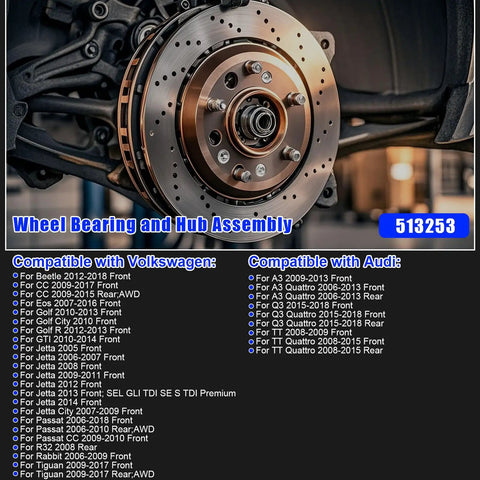 Close-up of Wheel Hub Bearing Assembly 5 Lug With ABS Compatible With Audi A3 Quattro Q3 TT And VW Models 2006 2018.