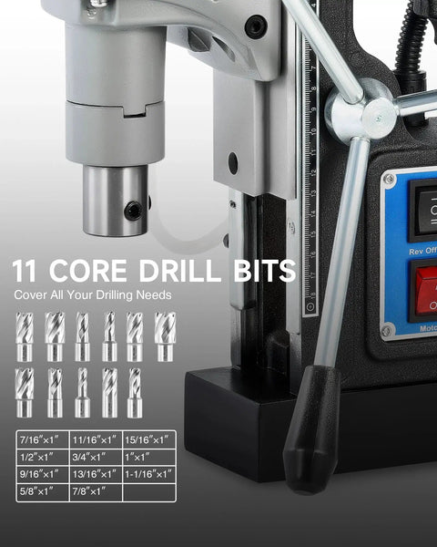 Close-up of Beast 1550W Magnetic Drill Press with 11 core drill bits, visible control panel, and handles for metalworking on steel surfaces.