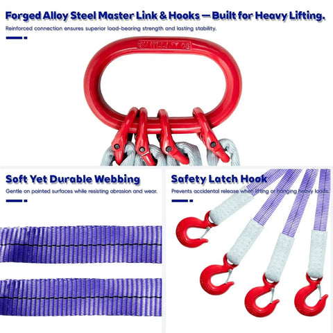 Kivomot 5 ft four-leg polyester lifting sling with red forged master link and safety-latch hooks