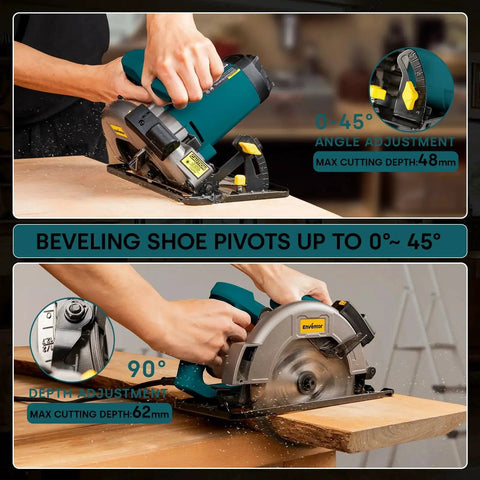 Powerful 11 Amp Circular Saw With Laser Guide And Dual 40T 24T 7-1/4 Inch Blades For Fast Wood Plastics And PVC Cutting 6000 RPM Corded Bevel Saw Ideal For Straight Cuts Rips And More Enventor in use showing bevel angle and depth adjustment on wood
