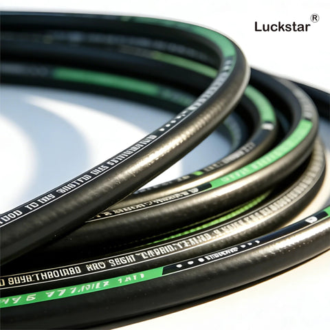 Luckstar hydraulic hose coil, 10 ft, 1/4 in black hose with white print and green accents.