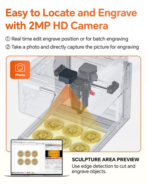 Made For Makers Compact 10W Laser Engraver With Built In Camera for real-time preview and precise positioning with engraving samples.