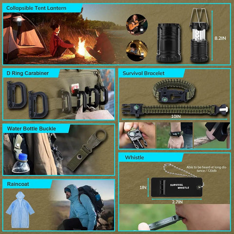 Features of 251 Piece Emergency Survival Kit With Crossbody Bag, highlighting lantern, carabiner, survival bracelet, raincoat, and whistle.