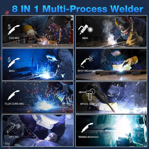 Image showing various welding processes of a versatile 8-in-1 multiprocess welder with dual aluminum welding modes and 120V/240V compatibility.