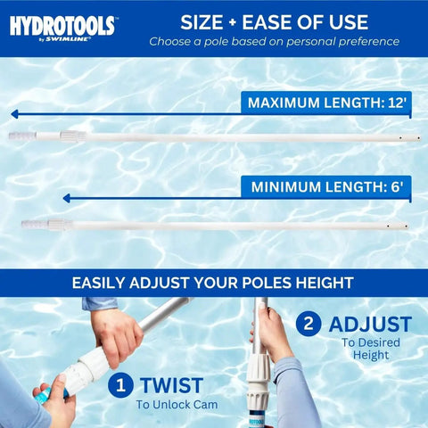 Two Piece Telescopic Pool Pole With Six To Twelve Feet Adjustable Reach For Easy Pool Cleanup, Universal One And One Quarter Inch Connection, shown with adjustment steps