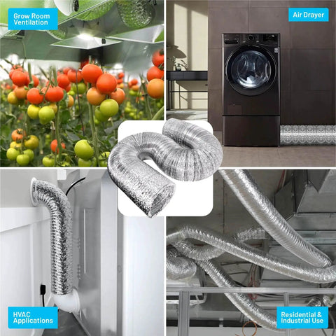 Collage of 6 Inch By 25 Feet Aluminum Foil Dryer Duct with Built In Steel Wire Reinforcement and various application scenarios