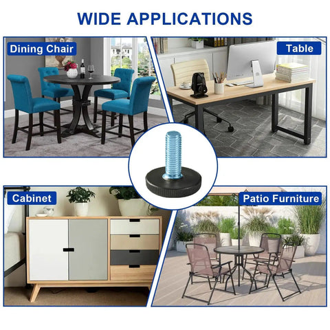 Usage of Eight Pack M6 Threaded Adjustable Furniture Levelers Feet for table, chair, cabinet, and patio furniture.